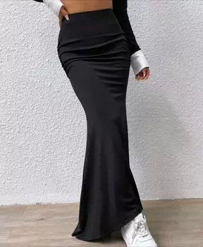 Женские макси-юбки с высокой талией, однотонная юбка-рыбий хвост, приподнимающая бедра, длиной до щиколотки, юбка-русалка, длинная юбка S чёрный