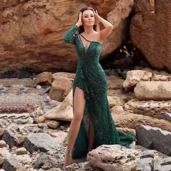 Женские мечтательные вечерние знаменитости, вечерние качественные сексуальные платья с высоким разрезом и длинными рукавами, блестками, банкетные вечерние платья XXXL абрикосовый