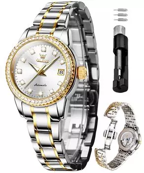 Женские механические часы OLEVS, автоматические, симпатичные, женские часы, водонепроницаемые, светящиеся, бриллиантовые, сверкающие, женские часы с датой, белые