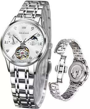 Женские механические часы OLEVS, автоматические, симпатичные, женские часы, водонепроницаемые, светящиеся, бриллиантовые, сверкающие, женские часы с датой, белые