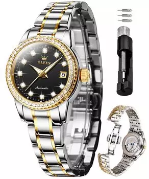 Женские механические часы OLEVS, автоматические, симпатичные, женские часы, водонепроницаемые, сияющие, с бриллиантами, женские часы с датой, черные