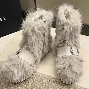 Женские меховые ботильоны на платформе для снега 2024 года, новый тренд зимы, туфли на плоской подошве, ботинки челси на молнии, модные гладиаторские ботинки для снега 35 покинуть белый