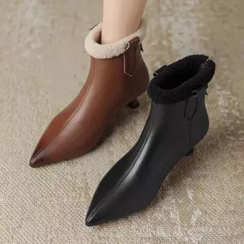 Женские меховые ботильоны с острым носком, модные кожаные теплые плюшевые туфли на среднем каблуке, женский бренд, зима 2025, тренд, уютные ботинки Mujer 35 светло-коричневого