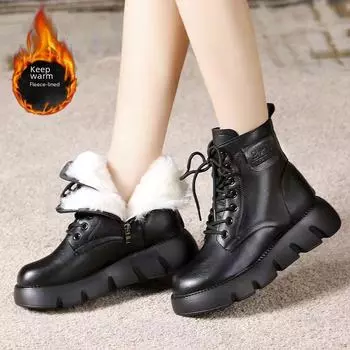 Женские меховые и кожаные зимние сапоги 2024: Теплый хлопок, толстая подошва, стиль Martin, бархатная подкладка, универсальный короткий дизайн 38 чёрный