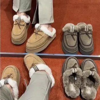 Женские меховые интегрированные меховые туфли зимние новые стильные толстые подошвы повседневные закрытые носки полуприцеп ношеные снаружи повседневные туфли 35 хаки