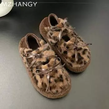 Женские меховые леопардовые хлопковые туфли с бантом на плоской подошве повседневные лоферы женская обувь 2025 года тренд новые зимние теплые удобные зимние ботинки Zapatillas Mujer 35 чёрный