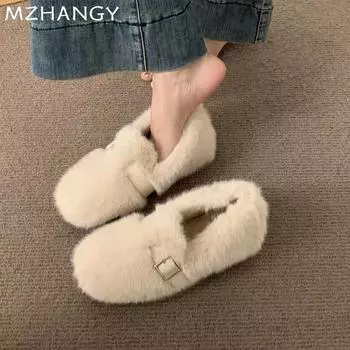 Женские меховые мокасины Повседневная обувь на плоской подошве из хлопка Женская мода 2025 года Теплая зимняя обувь для ходьбы Мэри Джейн Zapatillas Mujer 35 коричневый