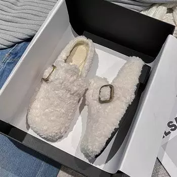Женские меховые тапочки на толстом каблуке, осень/зима 2025 г., круглый носок, закрытый носок, размер 41-43. Идеально подходит для ношения на открытом воздухе. 36 грязно-белый