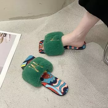 Женские меховые тапочки, пушистые, милые, плюшевые, женские шлепанцы, новинка 2024 года, домашние, на открытом воздухе, нескользящие, износостойкие, плоские сандалии Four Seasons 35 чёрный