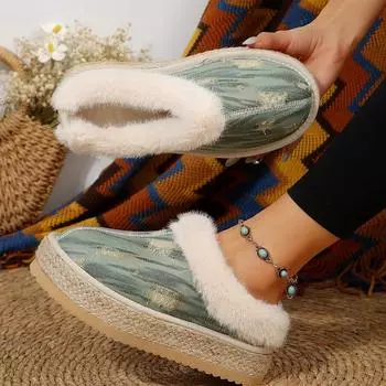 Женские меховые тапочки Теплые сапоги Шлепанцы на платформе Плоские туфли Домашняя хлопковая обувь Замшевые мюли Женские сапоги Шлепанцы Женская зимняя обувь 35