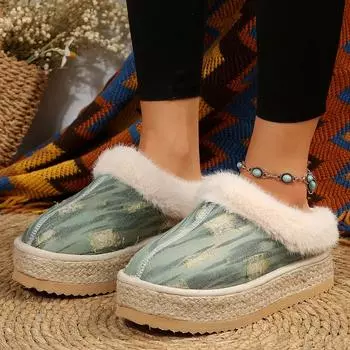 Женские меховые тапочки Теплые сапоги Шлепанцы на платформе Плоские туфли Домашняя хлопковая обувь Замшевые мюли Женские сапоги Шлепанцы Женская зимняя обувь 35