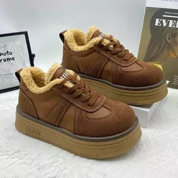 Женские меховые теплые хлопковые ботинки Ботильоны на плоской подошве Кроссовки Новые дизайнерские замшевые плюшевые зимние ботинки Спортивная повседневная обувь на платформе Ботинки 35 коричневый