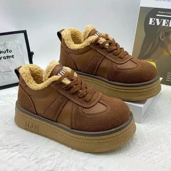 Женские меховые теплые хлопковые ботинки Ботильоны на плоской подошве Кроссовки Новые дизайнерские замшевые плюшевые зимние ботинки Спортивная повседневная обувь на платформе Ботинки 35 коричневый
