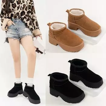 Женские меховые теплые зимние сапоги 2024 года, новые теплые шерстяные сапоги, ботильоны на платформе, повседневные женские сапоги среднего размера высокого качества 35 чёрный