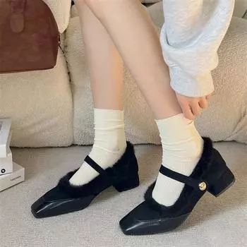 Женские меховые туфли Marie Janes на среднем каблуке с квадратным носком 2025 года, фирменная тенденция, новые короткие плюшевые теплые модные элегантные туфли-лодочки Chaussures Femme 35 чёрный