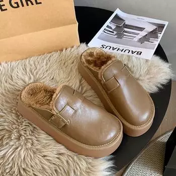 Женские меховые туфли на плоской подошве, мокасины, тапочки на платформе, плюшевые хлопковые туфли, брендовые кожаные туфли, шлепанцы с открытой пяткой, зимний тренд, Zapatos Mujer 35 хаки