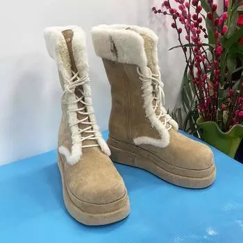 Женские меховые зимние сапоги, новые зимние сапоги на платформе в стиле ретро с флисовой подкладкой, теплые сапоги с ремешком посередине, хлопковые сапоги с двумя вариантами ношения 35 хаки
