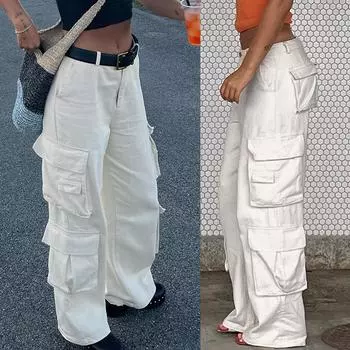 Женские мешковатые брюки-карго, спортивные штаны в стиле хип-хоп, повседневные свободные широкие брюки, джинсы с высокой талией S белый