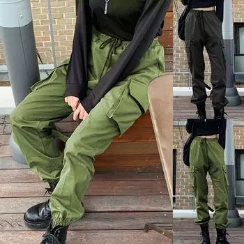 Женские мешковатые брюки-карго, уличная одежда, спортивные штаны в стиле хип-хоп, повседневные свободные широкие брюки M чёрный
