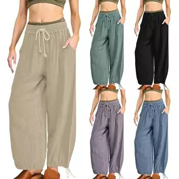 Женские мешковатые брюки с высокой талией и широкими штанинами, хлопковые льняные брюки-карго, брюки L синий