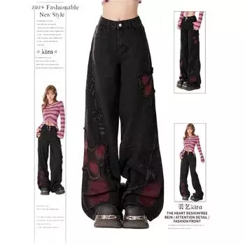 Женские мешковатые джинсы-бабочки, винтажные эстетичные ковбойские брюки, свободные джинсовые брюки Harajuku, черная готическая одежда 2000 года S чёрный