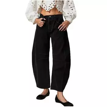 Женские мешковатые джинсы со средней талией, широкие свободные джинсовые брюки-бойфренды, прямые укороченные джинсы-бочонки L чёрный