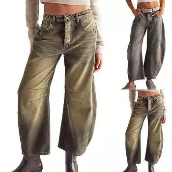 Женские мешковатые джинсы со средней талией, широкие свободные джинсовые брюки-бойфренды, прямые укороченные джинсы-бочонки L верблюд