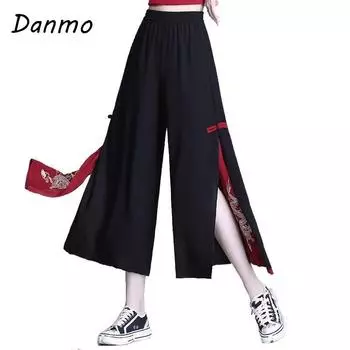 Женские мешковатые широкие брюки в китайском стиле с вышивкой в стиле ретро, повседневные свободные брюки с темпераментом XXXL чёрный
