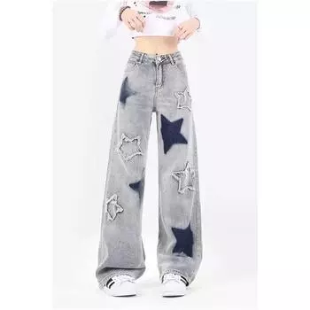 Женские мешковатые синие джинсы со звездами в винтажном стиле Y2k, эстетические джинсовые брюки 90-х годов, широкие ковбойские брюки с высокой талией в стиле Харадзюку, одежда 2000-х годов, 2024 г. XS синий