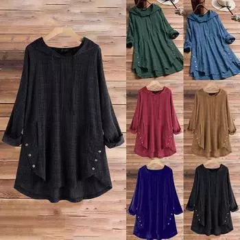 Женские мешковатые топы больших размеров с длинным рукавом и круглым вырезом на пуговицах, блузка, женские повседневные однотонные свободные футболки M чёрный