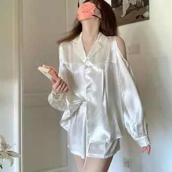 Женские милые атласные кружевные пижамные комплекты, женские шорты с длинными рукавами, домашняя одежда, весенне-летняя домашняя одежда, ночное белье, большие размеры M-4XL M белый