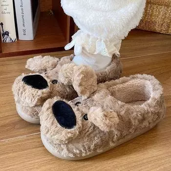 Женские милые коричневые тапочки с изображением собаки с большим носом: Уютная нескользящая хлопковая модель для ношения зимой на открытом воздухе и в помещении. Size 38-39