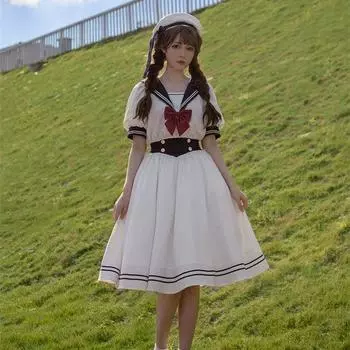 Женские милые облегающие платья с рукавами-фонариками для студентов, мягкие милые платья в стиле Лолиты для вечеринок в стиле ретро для девочек с бантом и воротником-солдатом XS белый