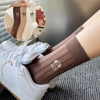 Женские милые осенние и зимние повседневные носки средней длины с вышитым щенком, модные хлопковые носки для девочек one size чёрный