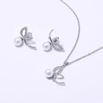 Женские милые серьги с бабочками и жемчугом, ожерелье, небольшой свежий комплект украшений из жемчуга с бриллиантами белый