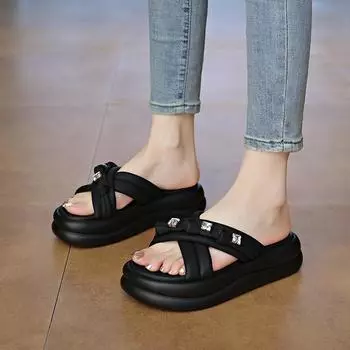Женские милые тапочки, летние уличные нарядные с открытым носком, повседневные сандалии на толстой подошве для девочек, сандалии на платформе, большие размеры 35 чёрный