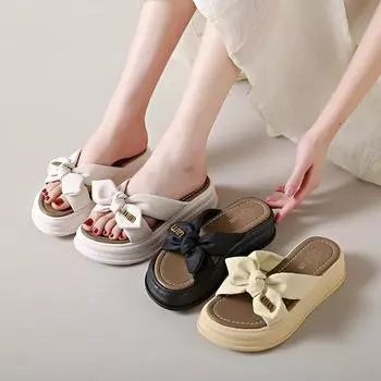 Женские милые тапочки с бантом, летние уличные нарядные с открытым носком, повседневные сандалии на толстой подошве для девочек, сандалии на платформе, большие размеры 35 слоновая кость
