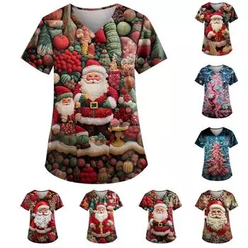 Женские милые топы с короткими рукавами и v-образным вырезом с принтом, рабочая блузка с карманами XXXXL