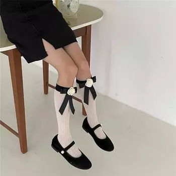 Женские милые трехмерные носки до середины икры с цветком камелии, черные носки с бантом one size