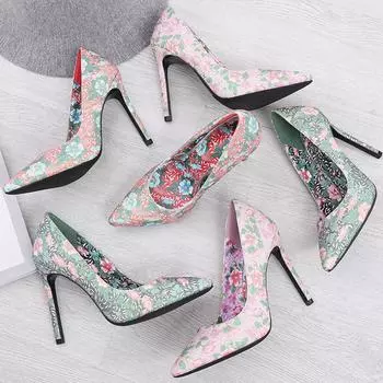 Женские милые туфли на высоком каблуке 11 см, модные туфли с цветочным принтом и острым носком, туфли-лодочки на шпильках, женские туфли в стиле граффити зеленого цвета для свадебной вечеринки 35 фиолетовый