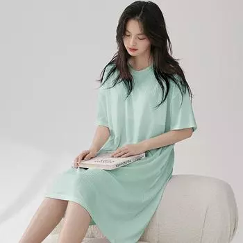 Женские милые универсальные ночные рубашки с короткими рукавами и нагрудниками Женские летние Свободные однотонные пижамы в корейском стиле Домашняя одежда для девочек Симпатичная ночная рубашка Домашняя одежда M зелёный