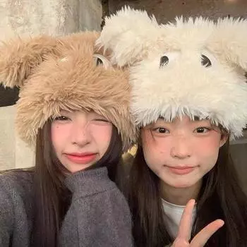 Женские милые защитные шапки, пушистые, забавные, зимние, мультяшные, пушистые, шапка-бини, плюшевые, с ушками щенка бежевый