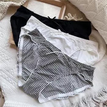 Женские милые женские трусики в клетку с милым рисунком из ледяной шелкографии и цветов в горошек с фланцами и низкой посадкой One Size