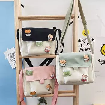 Женские мини-холщовые сумки на плечо с героями мультфильмов, милая сумка для мобильного телефона для студентов, сумка через плечо с надписью на молнии и значками чёрный