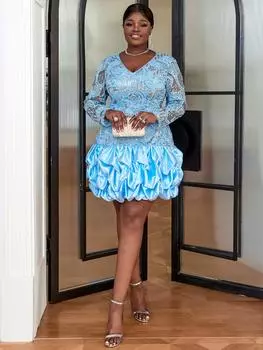 Женские мини-платья с пайетками AOMEI, роскошное облегающее платье с длинными рукавами и вышивкой, с пышными оборками по подолу, вечерние бальные платья для вечеринок 1XL синий