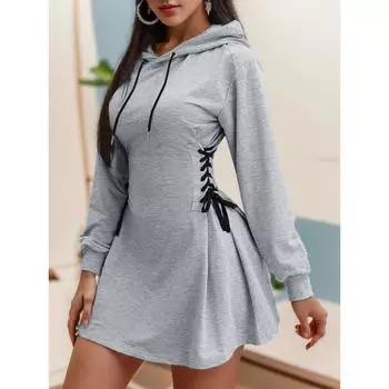 Женские мини-платья с завязками на талии, толстовки с капюшоном и V-образным вырезом, длинные рукава, облегающие толстовки, свитшоты, женская мода, длинные однотонные толстовки с капюшоном на шнурке XXL серый
