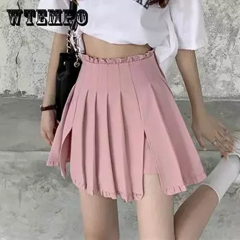 Женские мини-плиссированные юбки Kawaii с разрезом в консервативном стиле Harajuku Сексуальная юбка Летние юбки трапециевидной формы с высокой талией Корейская повседневная уличная одежда XL розовый