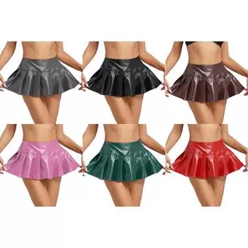 Женские мини-юбки, кожаные плиссированные мини-юбки с высокой талией, сексуальная клубная одежда для коктейльной вечеринки, короткие юбки L чёрный