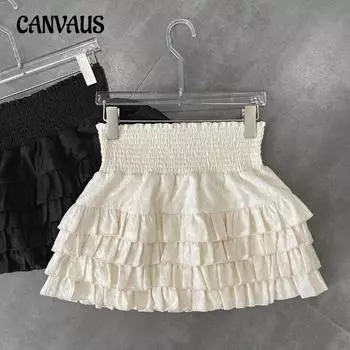 Женские мини-юбки с оборками Y2k, юбка до середины тела, длина до ног, высокая талия, модная юбка-тортик, милая стареющая юбка, юбка трапециевидной формы XS чёрный