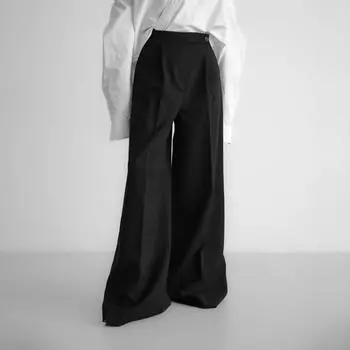 Женские минимализм Свободные прямые широкие брюки Новые молнии с высокой талией Женские плиссированные повседневные брюки для мытья полов Леди Деловые модные брюки S коричневый